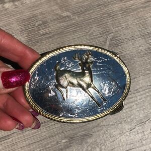 Deer buck belt buckle two tone